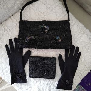 3 PC 1950s Vintage Flapper Set Wallet-Gloves-Bag